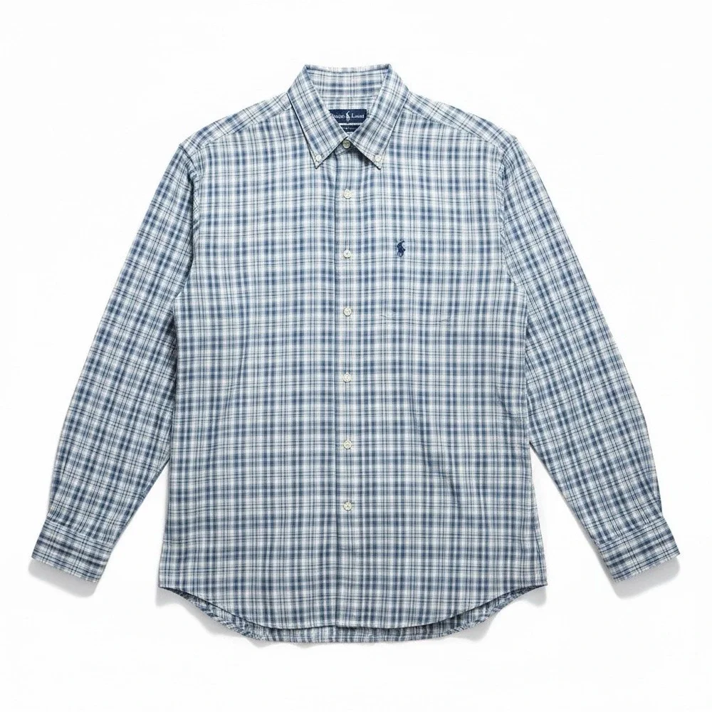 Ralph Lauren Men's Blake Long Sleeve Button-Down Blue Plaid Strip Size L